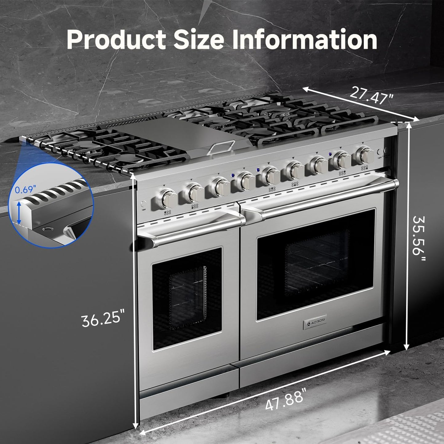 AAOBOSI 48 Inch Freestanding Gas Range Ovens with 6 cu.ft Large Capacity Double Convection Ovens, 6 Sealed Burners Plus Iron Grill Burner, Stainless Steel Gas Range Stove