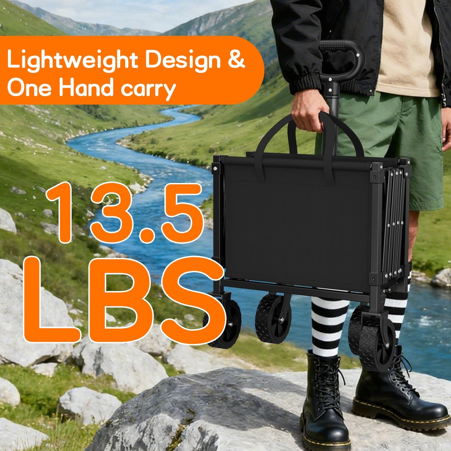 35" L Extra Long Wagons Carts Foldable, 360LBS Heavy Duty Collapsible Wagon with Wheels, Folding Wagon Portable Utility Cart for Groceries, Shopping, Camping, Sports