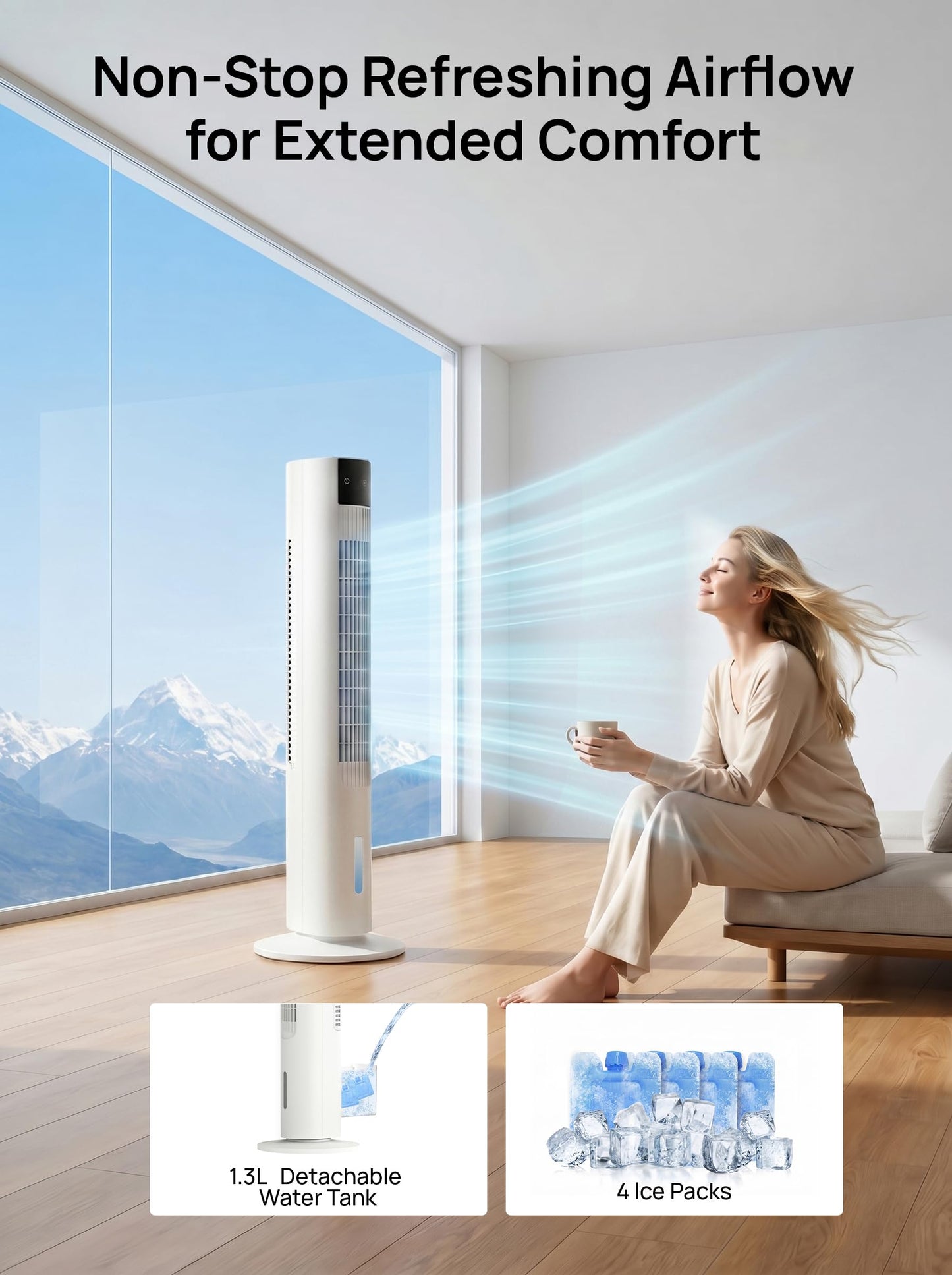 35" Evaporative Air Cooler, 3-In-1 Swamp Cooler, Portable Air Conditioners No Windows Needed, 3 Speeds, 4 Ice Packs, 12H Timer, 80° Oscillation, Remote, AC Cooling Fan for Bedroom, Room