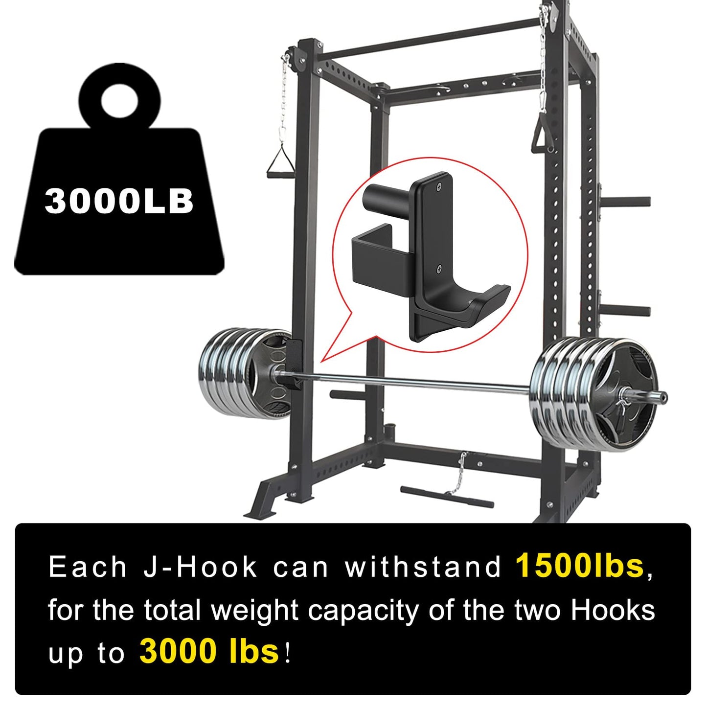 Kipika J-Hooks for 2" x 2" Power Rack with 1" Hole - Bottom Reinforced Steel Hooks with Rubber Pads - Heavy Duty Power Rack Attachments - Squat Rack Accessories for Strength Training - Set of 2