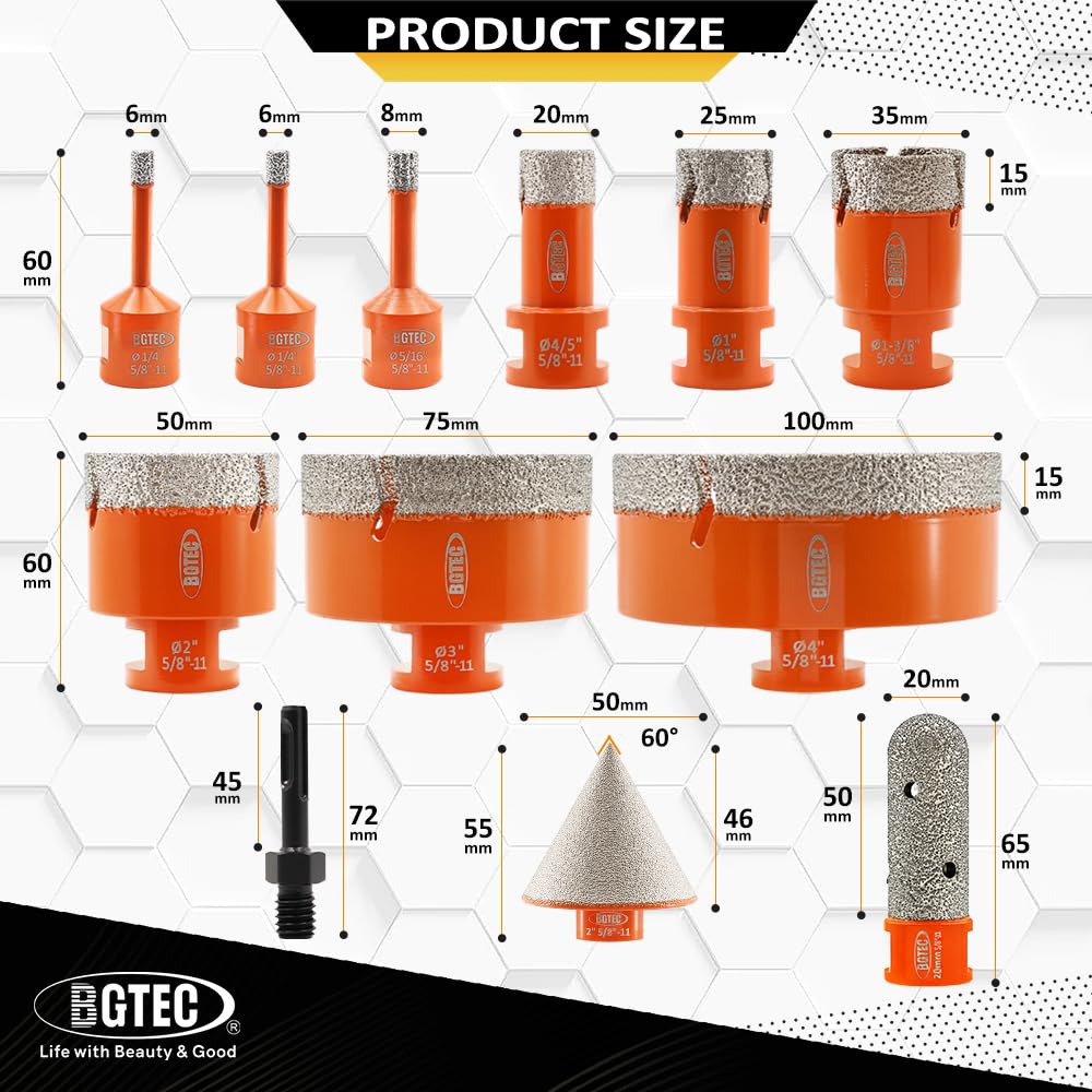 BGTEC Diamond Hole Saw Kit Marsonry Drill Bits,5/8-11 Thread 12pcs 6/6/8/20/25/35/50/75/100mm Drill Bits+20mm Milling Finger Bit+2" chamfering Bit+SDS for Granite Marble Porcelain Tile Ceramic