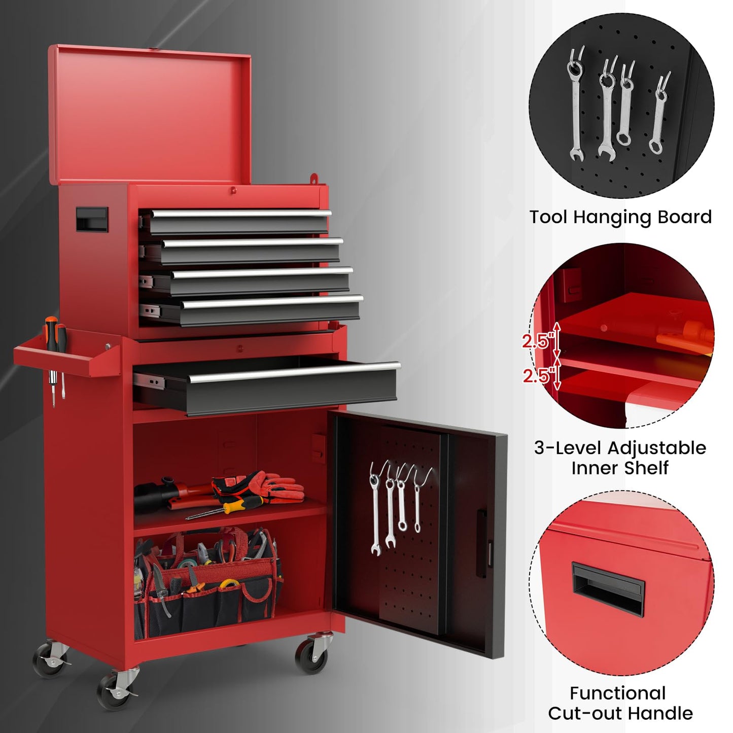 Goplus Rolling Tool Chest, 5-Drawer Tool Box Organizer w/Lockable Wheels & Sliding Drawers & Detachable Top & Adjustable Shelf, Tool Storage Cabinet for Garage Workshop (Red+Black)