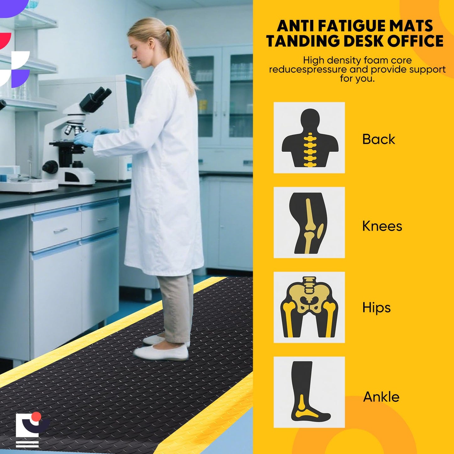 Drydiet 1 Pcs 3'x5' Anti Fatigue Mat Industrial, ESD Conductive Pad with Ground Wire, Heavy Duty Ergonomic Standing Floor Mat for Commercial Work, Shop Stand, Thick 3/4" Black with Yellow Border