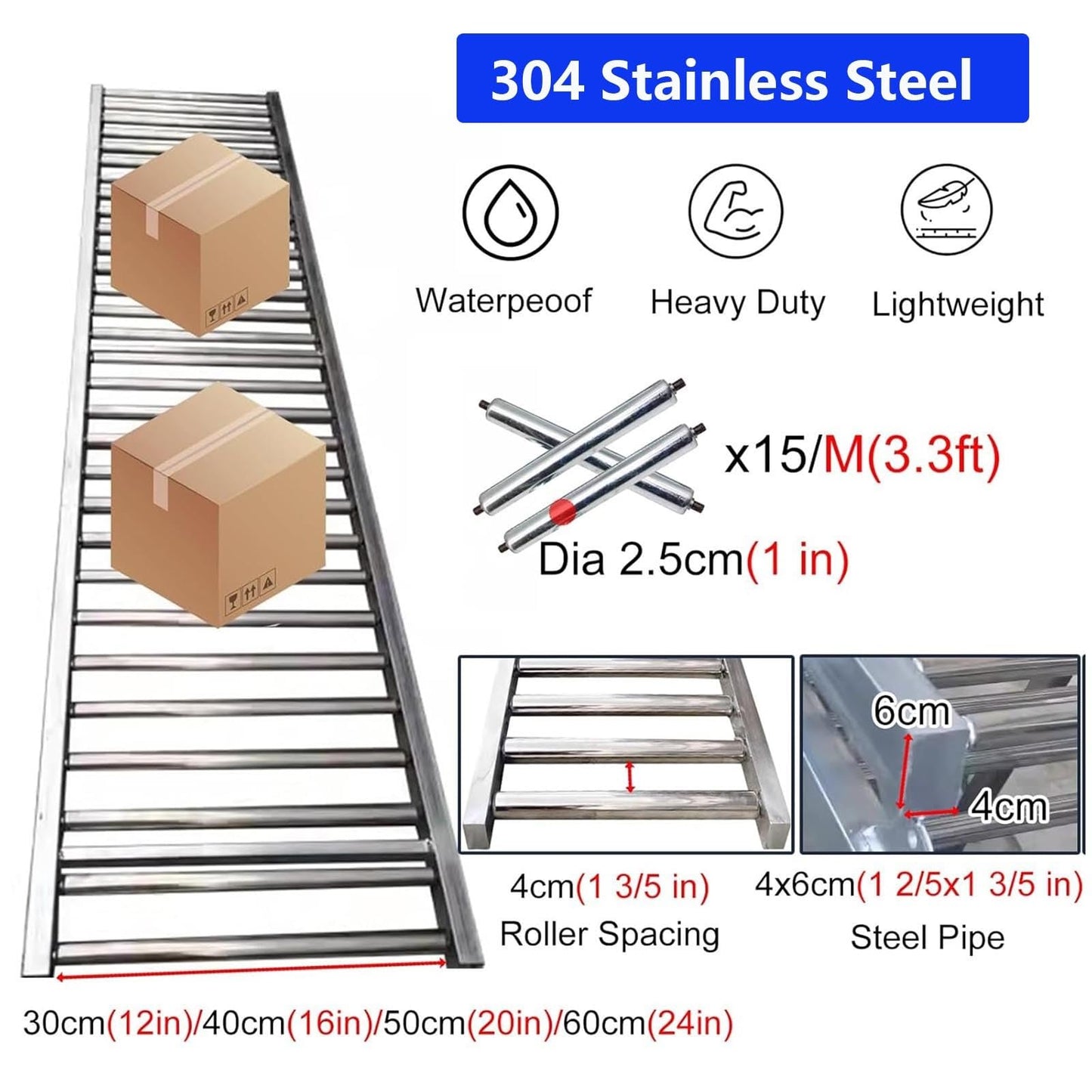 Portable Heavy-Duty Roller Conveyor Table, 50cm Wide, Foldable Flow Rail Rollers, 330 Lbs Stainless Steel Frame for Warehouse Freight Handling & Assembly Line (1m/3.3ft)