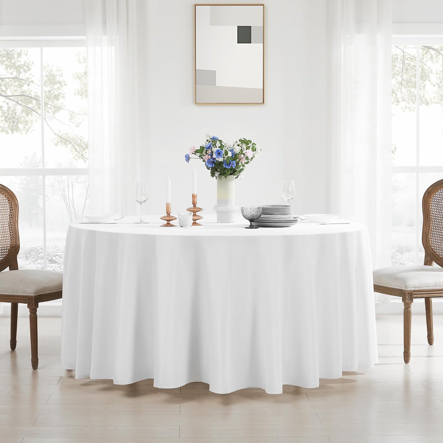 Aocoz Round Tablecloth 6 Pack 90 Inch White Tablecloths Washable Decorative Linen Polyester Table Clothes Cover for Dining Table Banquets Buffet Parties and Wedding