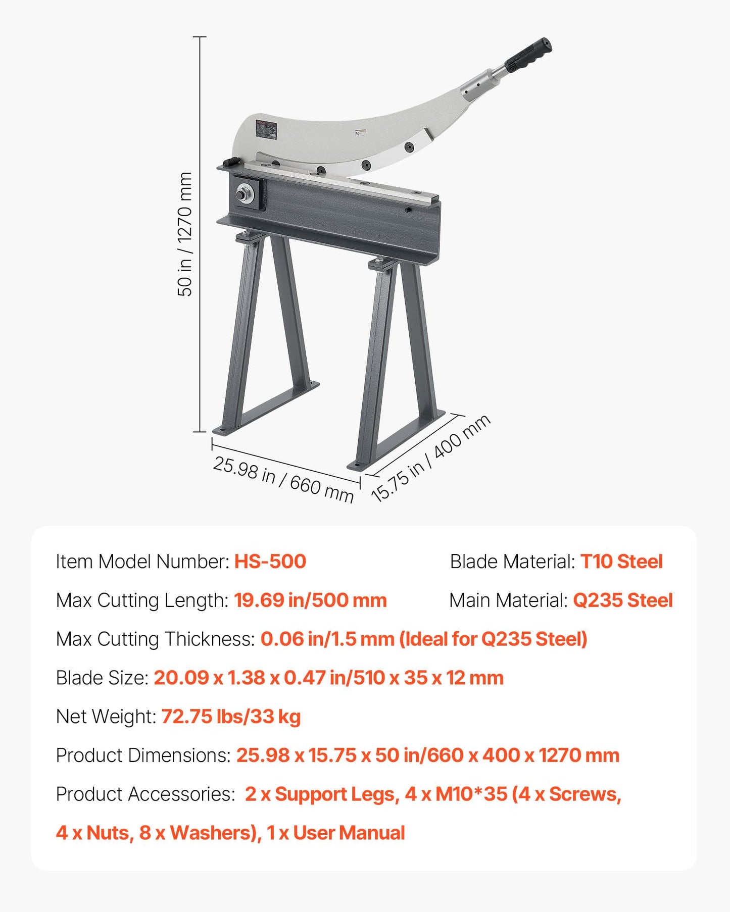 VEVOR Guillotine Shear, 20 in Bed Width Benchtop Cutter, Manual Hand Plate Shear for Metal Sheet Processing, with Q235 Material, High Precision, Stand, for PCB Board, Aluminum, Steel, Copper, Plastic