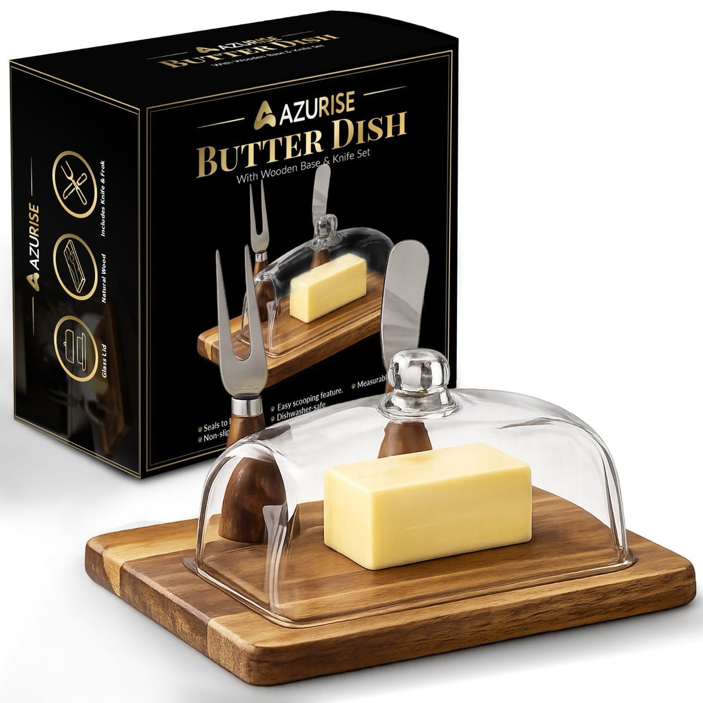 Luxury Butter Dish with Lid and Knife – Modern Glass Butter Dish with Lid for Countertop – Wood Butter Tray & Butter Holder – Large Dish with Lid for 4oz to 8oz Sticks, Cream Cheese, & Fruit