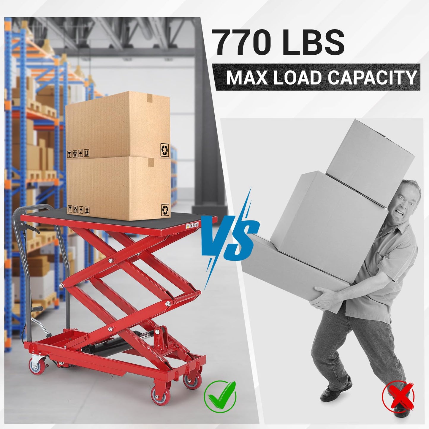 Hydraulic Lift Table Cart, 770lbs Capacity 50" Lifting Height Hydraulic Table Cart, Double Scissor Lift with Non-Slip Pad for Material Handling and Transportation, Red