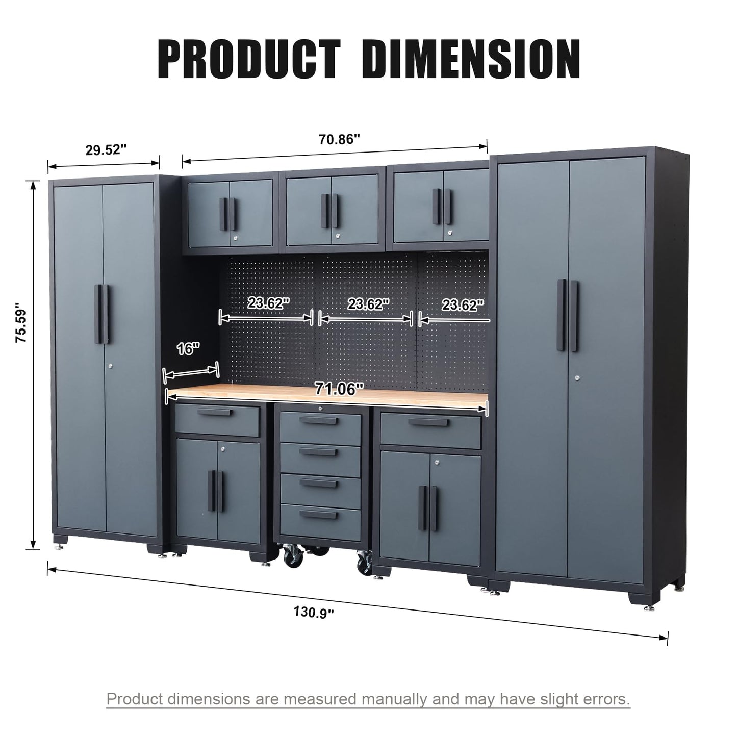 HPDMC Garage Storage Cabinet System 9-Pcs Workshop Set Garage Cabinets and Storage System with Steel Drawers, Rolling Chest, Workbench, Pegboard for Tool Organization