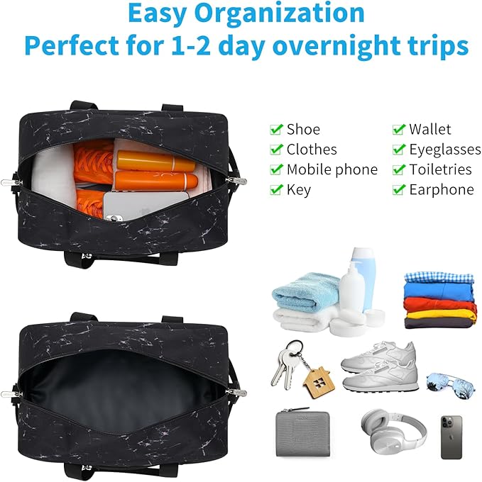 Small Gym Bag 14 inch lightweight Carry On Mini Duffel Bag for Travel Sport - Marble Black