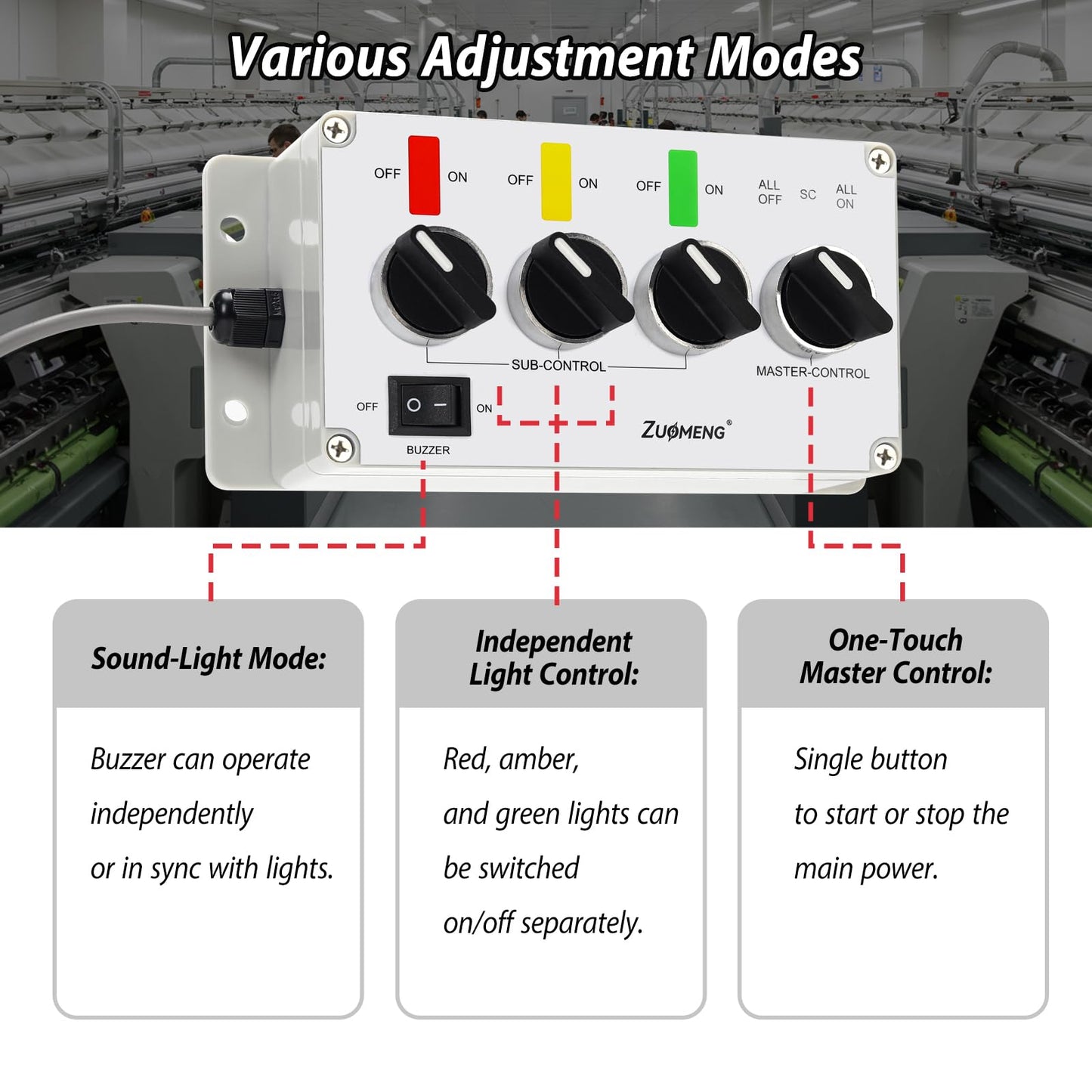 Zuomeng 3 Stack Super Bright LED Andon Tower Light, Red/Amber/Green, Plug & Play Ready, 6 ft Power Cord, IP65, 85 dB Buzzer, Easy Installation for Factory Automation & Safety Alarms