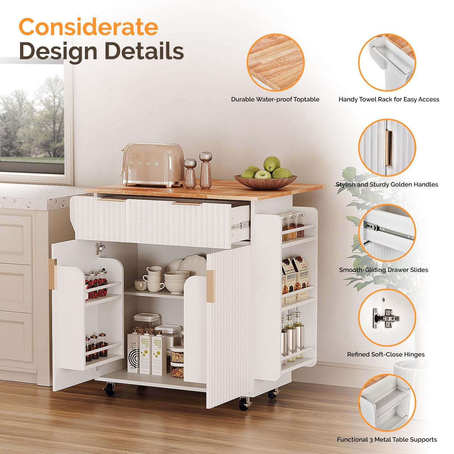 VINGLI Kitchen Island Cart with Storage, Rolling Kitchen Cart on Wheels with Foldable Drop Leaf, 15.35 x 31.15 x 34.45 Inches, Rubber Wood Top, Drawer and Door Cabinet, White