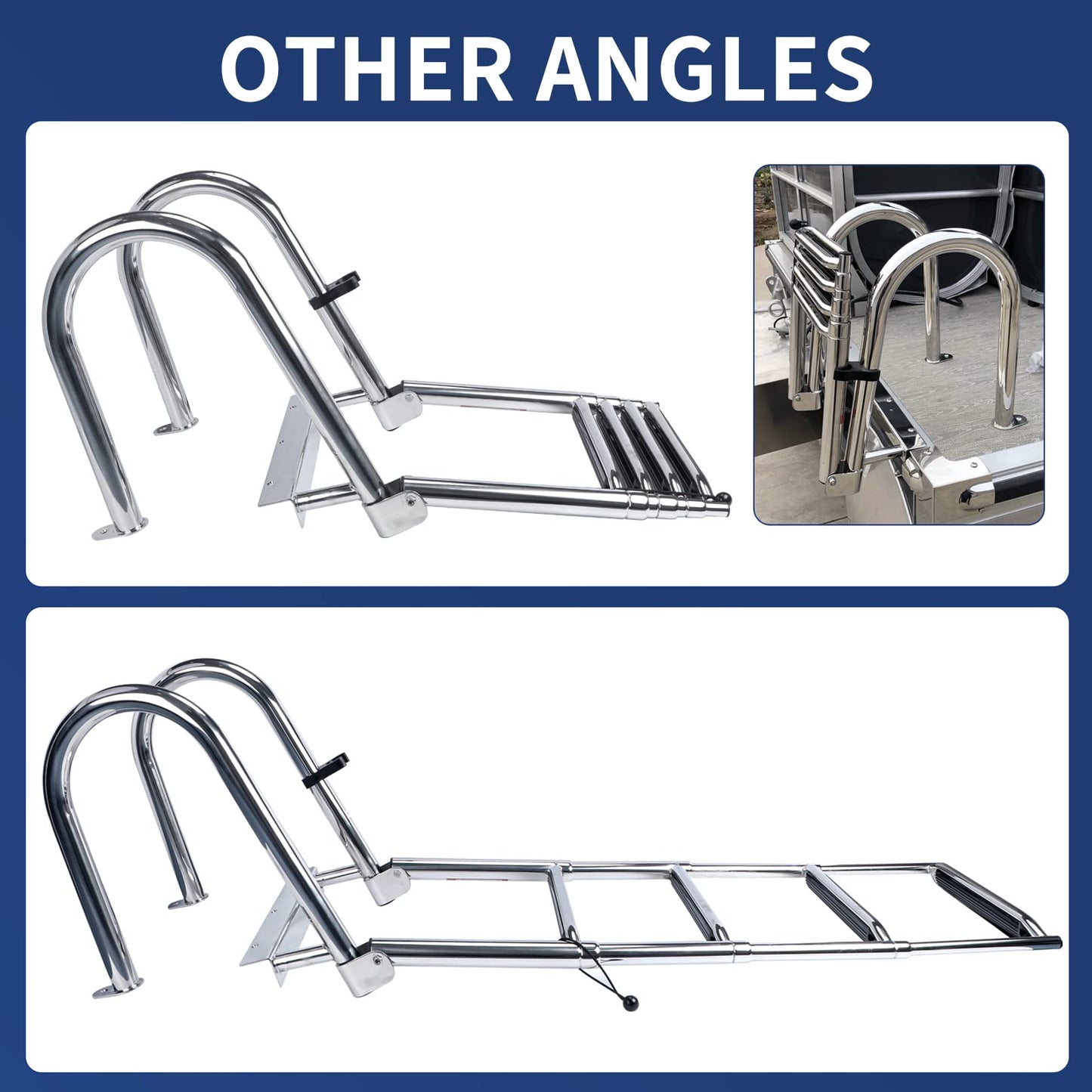 Marinebaby 4-Step Pontoon Boat Ladder, 316 Stainless Steel Folding Telescoping Inboard Ladder with Hand Railing and Extra Wide Steps