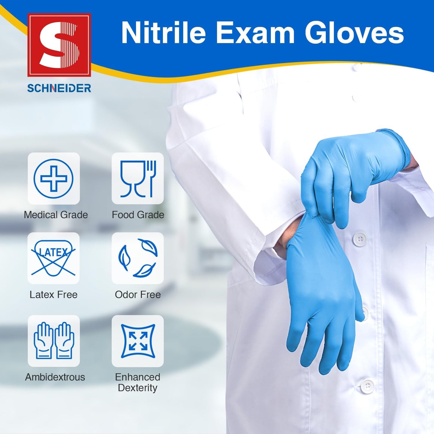 Schneider Nitrile Exam Gloves - Medical Grade Blue Disposable Latex-Free Rubber Gloves | Ideal for Cleaning & Food Prep