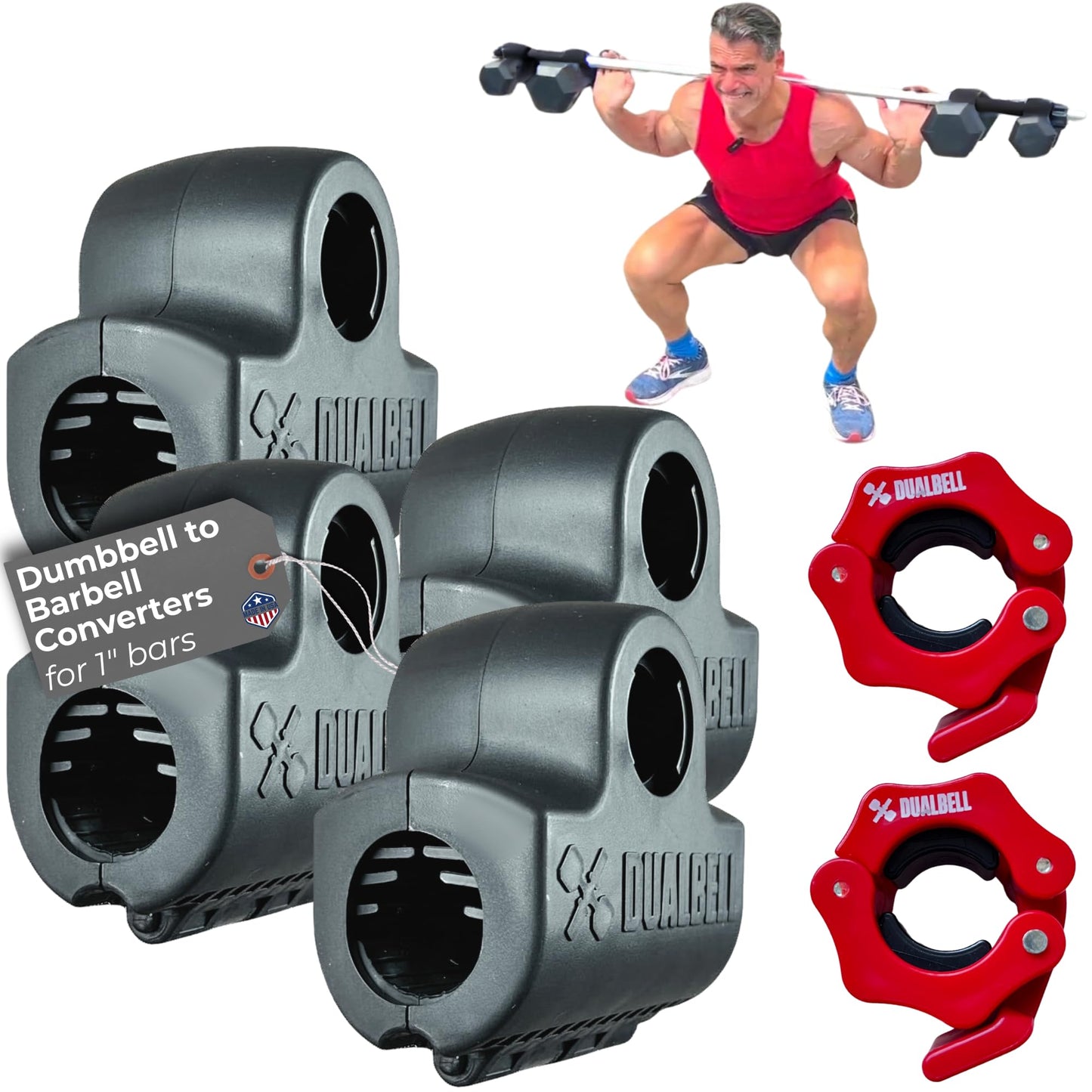 DUALBELL Dumbbell Barbell Converters- Heavy Duty Barbell Adapters, Convert Dumbbells to Barbell, 500lb Capacity, Easy Setup for 1" Bars, Turn Dumbbells into Weight Plates, Black Superset w/Red Weight Collars