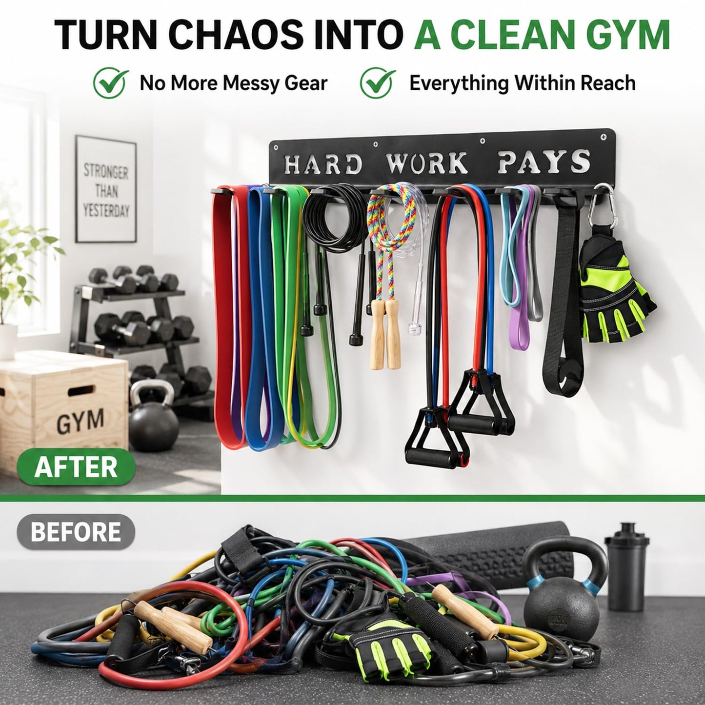 WIPHANY Home Gym Accessories Organization Storage Rack Equipment For Home 8 Hook Wall Hanger Display Gear Barbells Resistance Bands Jump Ropes Lifting Belt Hanger Accessories Hardware Included