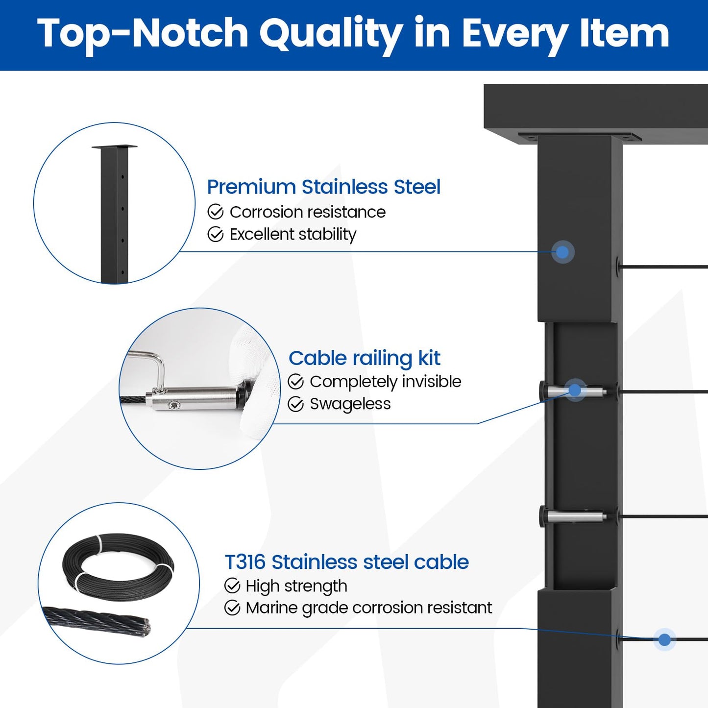 Muzata 16-20FT Modular Black Cable Railing Kit 36 Inch 5 Level Post Kit Complete Set Cable Railing System for Decks Length Adjustable Easy DIY with Paper User Guide (No Handrail) RW17