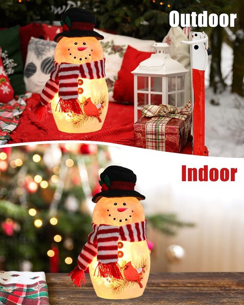 Bdor Snowman Christmas Decoration - 6.3 Inch Glass Figurine with Cardinal & Red Scarf | Warm Glow Holiday Décor