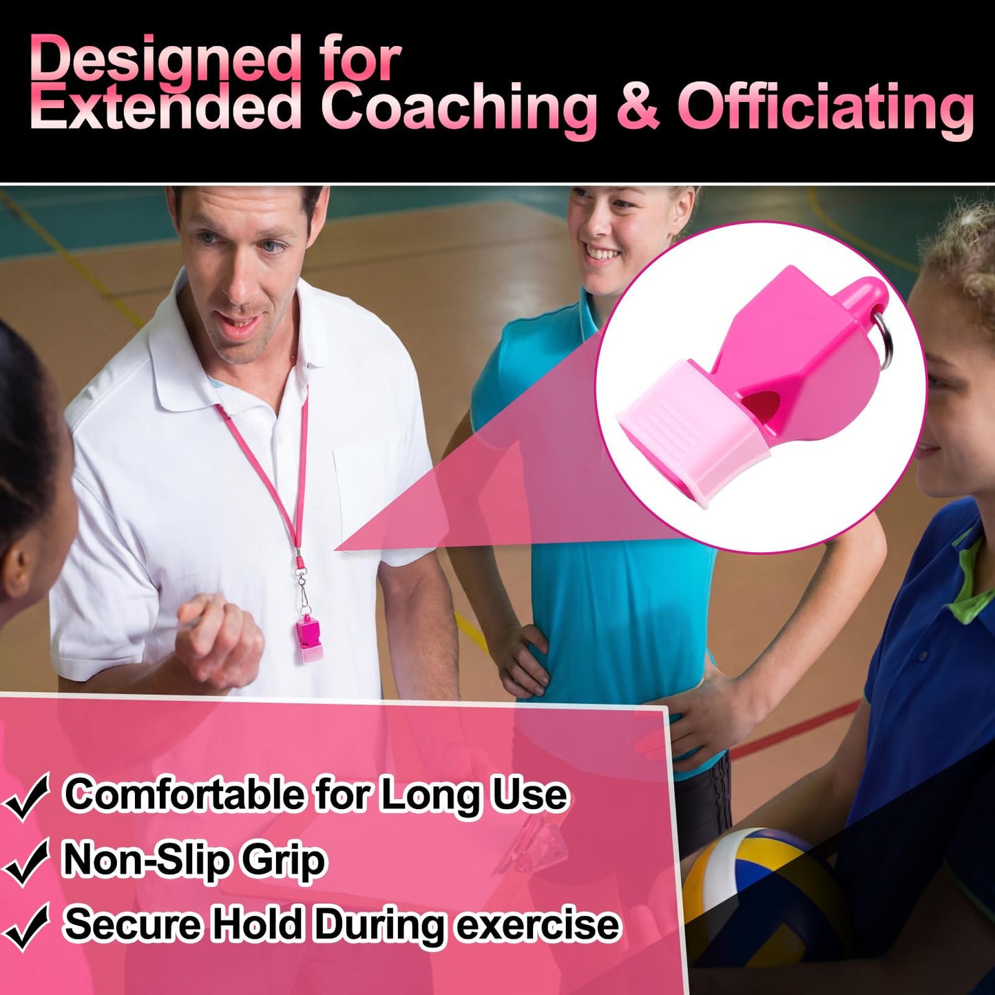 Junkin 5 Pack Pealess Referee Whistles with Lanyards, Loud Crisp Sound, Cushioned Mouthpiece for Coaches, Referees, Teachers, Lifeguards, Sports, Safety & Emergency Use(Pink)