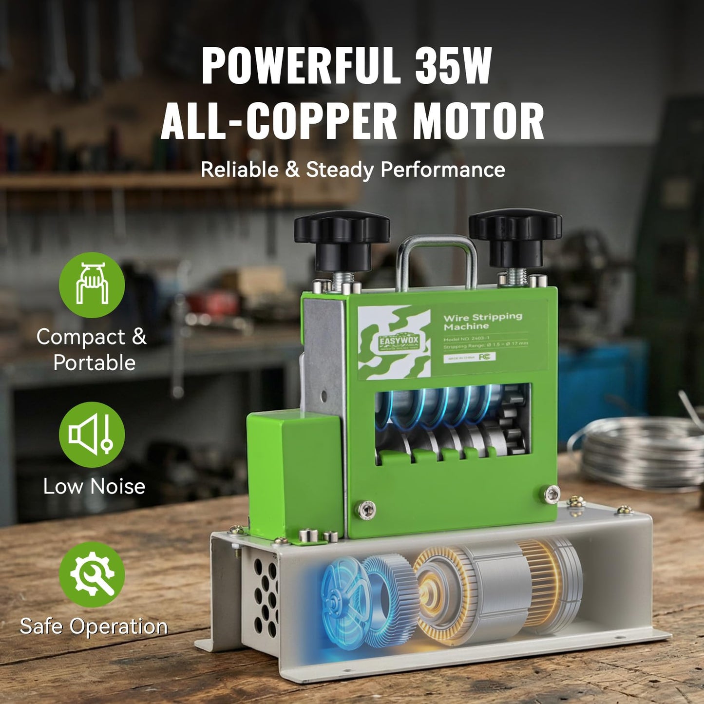 EASYWOX Electric Wire Stripping Machine, 0.06''-0.67'' Automatic Wire Stripper Machine with 6 Channels 5 Blades, Electric Cable Stripper Machine with 35 W All-Copper Motor for Leftover Cable Recycle