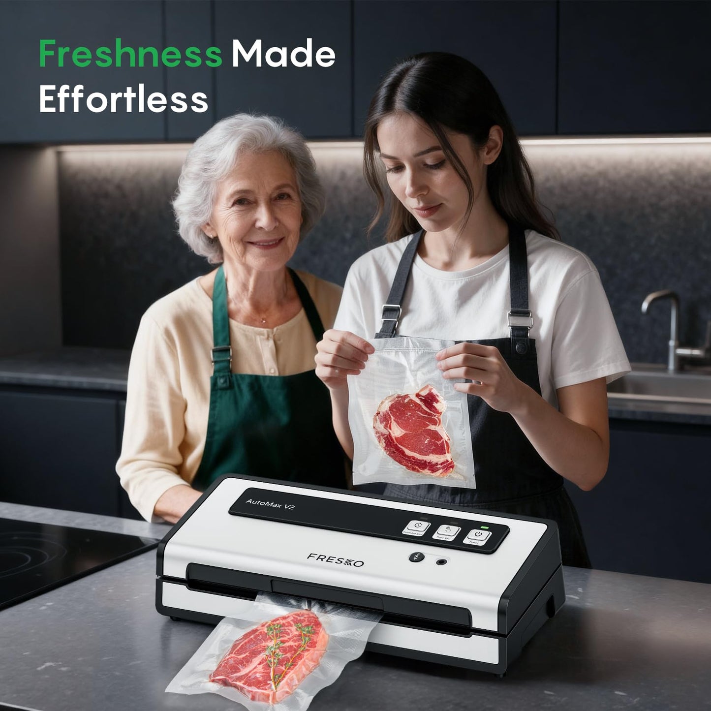 FRESKO Vacuum Sealer Machine with Automatic Bag Detection, 0.2-inch Widened Heating Strip, Compact Food Sealer, Easy to Use, Starter Kit