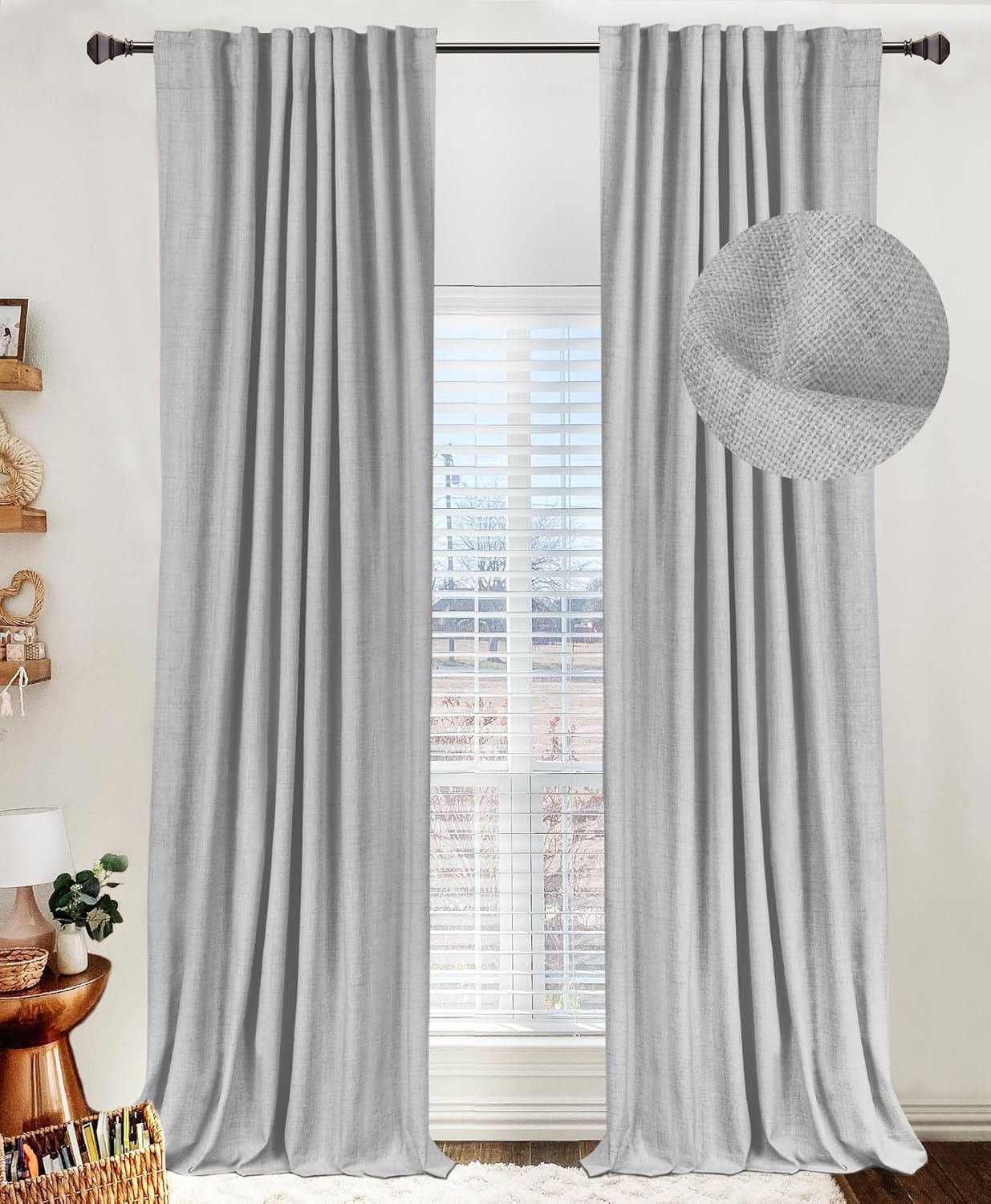 Skiennix 100% Blackout Linen Curtains - Thermal Insulated Drapes for Bedroom | 50" W x 120" L, Grey