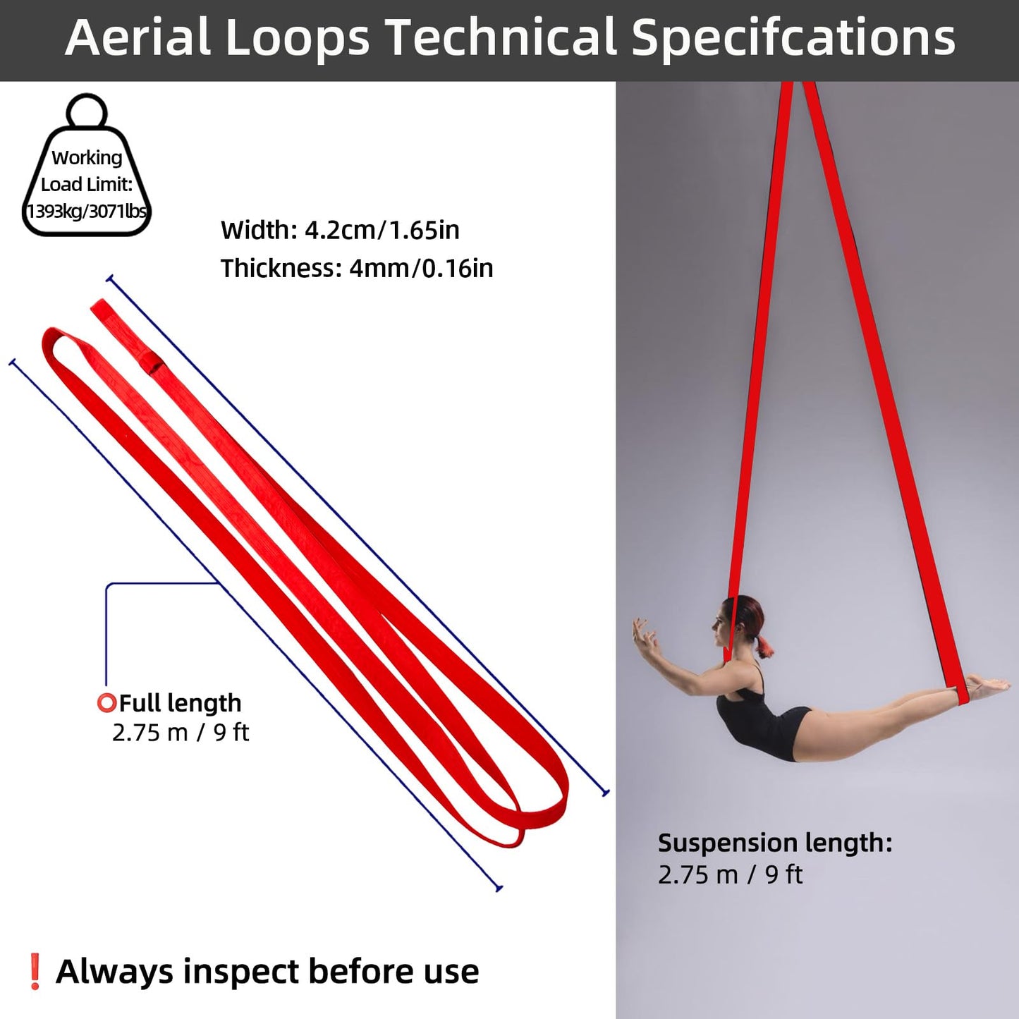 PRIOR FITNESS Aerial Loops Kit, Premium Red Circus Loops w/SGS Certificate, 2.75m/9ft Round Ropes (Pair) for Aerial Gymnastics, Circus Artists, Trapeze & Acrobatics with Wrist Lockers & Carabiners