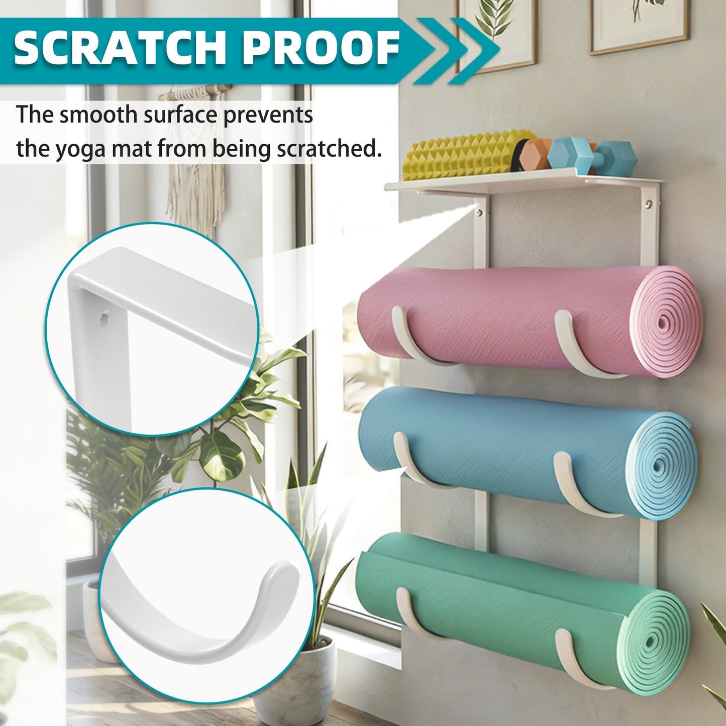KOMOHOM Yoga Mat Holder Wall Mount, No-Tie Pilates Mat Storage Rack with Top Floating Shelf, 4-Tiers Holding Yoga Blocks/Rollers and Exercise Mat, Workout Mat, Home Gym Equipment Accessories