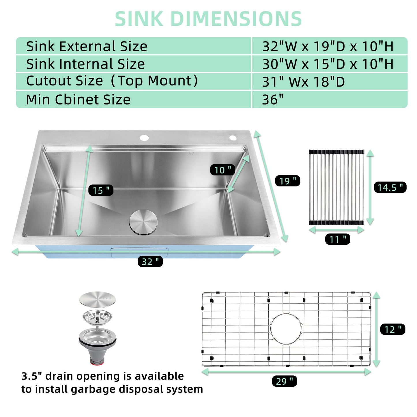 32 inch Workstation 32 * 19 Single Bowl