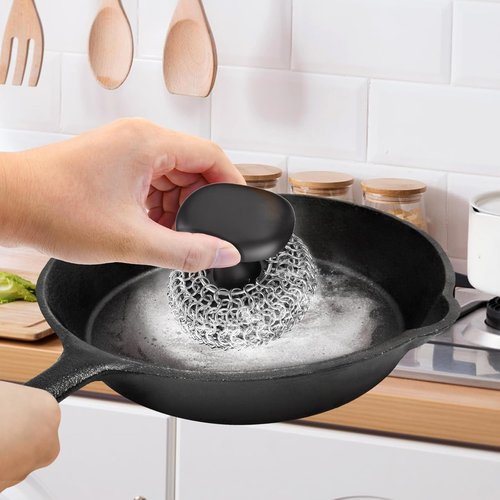 Cast Iron Scrubber - 316 Chainmail Dish Brush for Effective Skillet Cleaning | Dishwasher Safe, Black