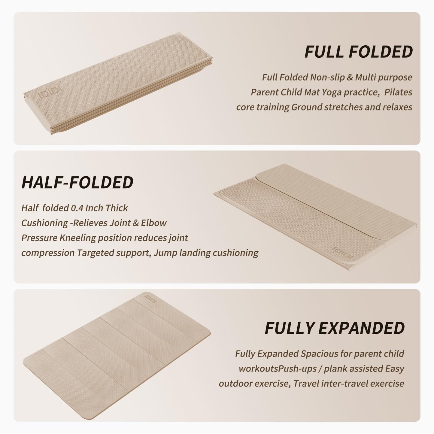 Foldable Yoga Mat Extra Thick & Large (74.0" x 47.2" x 0.4"), Double-Sided Non-Slip Lightweight Fitness & Pilates Mat, 10mm Thick Wide Exercise Mat for Men Women Kids, Portable Workout Mat for Gym, Studio, Travel, Home & Parent-Child Use (Beige)