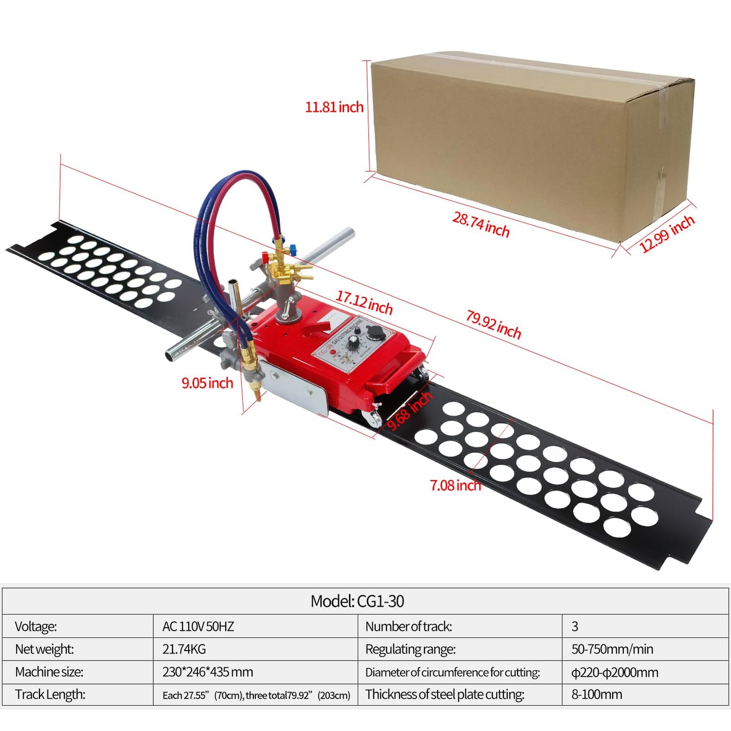 Torch Track Burner Cutting, CG1-30 Semi-automatic Straight Linear Gas Cutter 8~100mm Efficient Gas Cutting Portable Flame Cutting Machine Track Burner Cutter Torch Gas pipe Cutter(Acetylene + Oxygen)