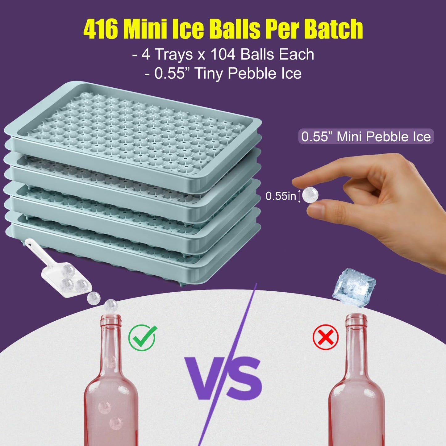 0.55in Mini Ice Cube Trays - Plastic Tiny Pebble Ice for Iced Coffee & Cocktails - Fast Chill, Easy Twist Release - Stackable with Lid, Storage Bin, Tongs, 2 Straws (4 pack, Blue)