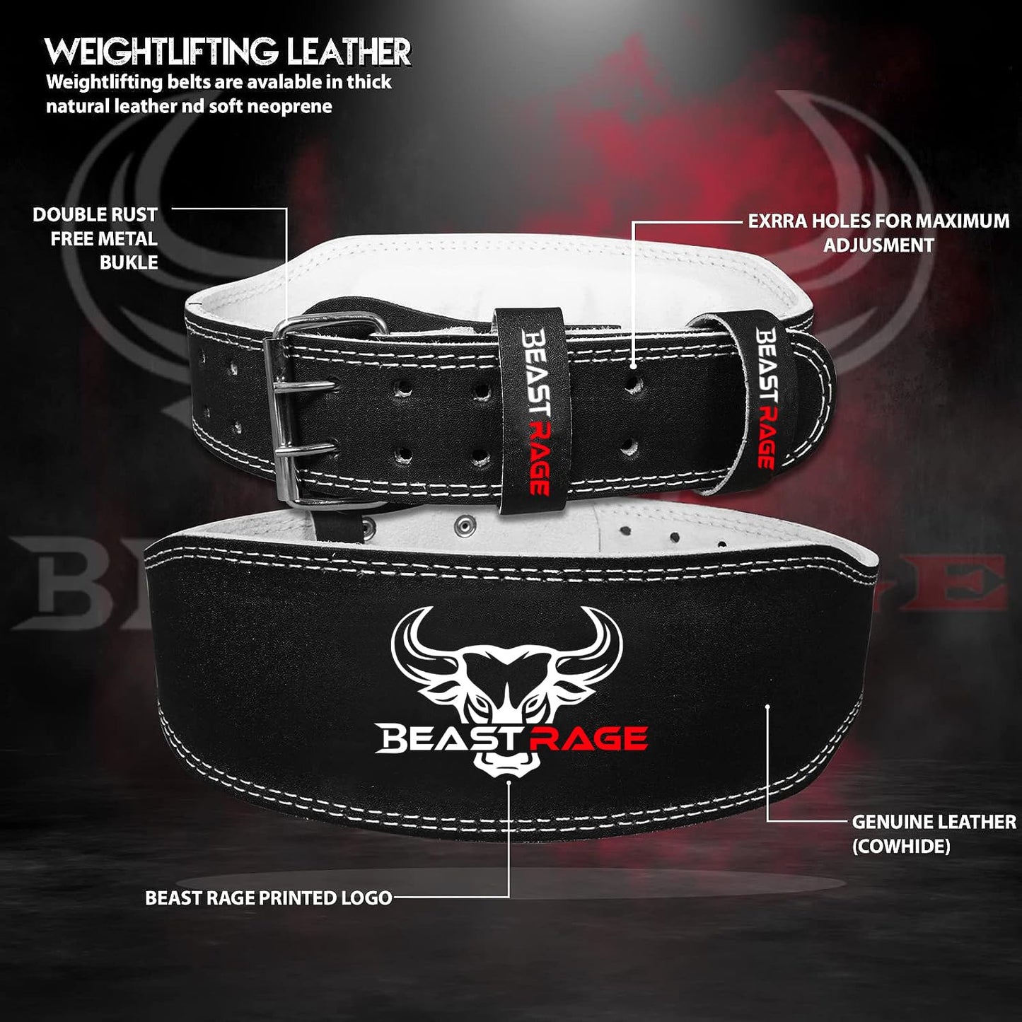 BEAST RAGE Weight Lifting Belt Leather Heavy Duty Gym Body Building Workout Training Weight Lifting Belt Adjustable Holes 4” Padded Lumbar Back Support Exercise Powerlifting Fitness Strength