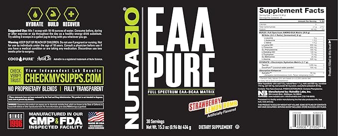 NutraBio ??EAA Pure ??9 Amino Acids ??Muscle Repair and Recovery, 30 Servings, Strawberry Lemon Bomb ??Pre or Post Workout ??All Day Recovery