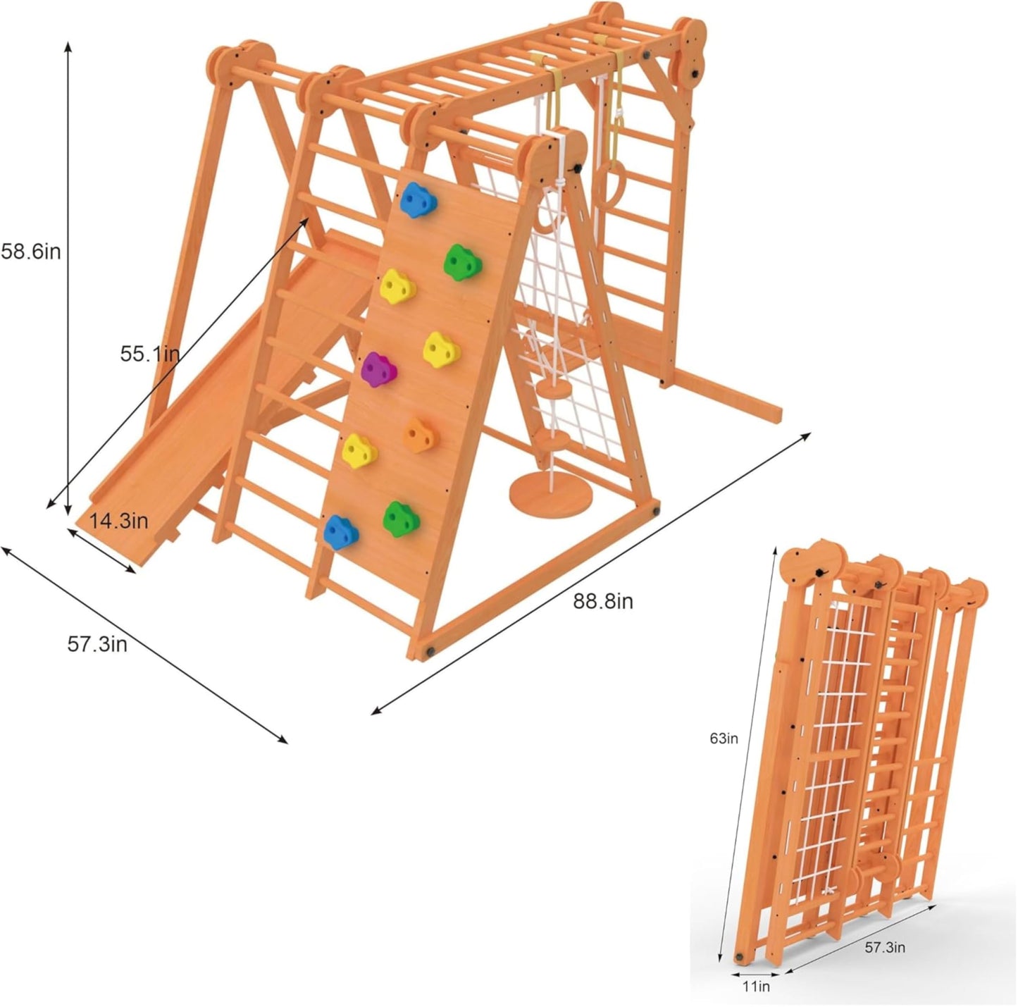 Avenlur 8-in-1 Small Indoor/Outdoor Playset – Foldable Wooden Kids Play Set for Backyard – Kid Playground for Toddlers Age 2–6 with Slide, Monkey Bars, 2 Ladders, 2 Swings, Rock Climbing, Gym Rings