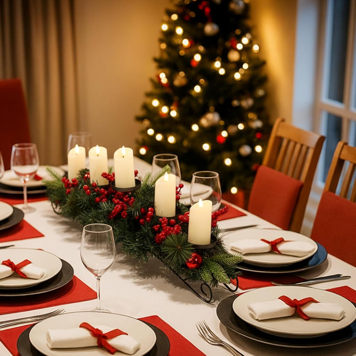 Yungyan Christmas Tabletop Centerpiece - 30 Inch with 5 Candle Holders, Norfolk Branch & Red Berries