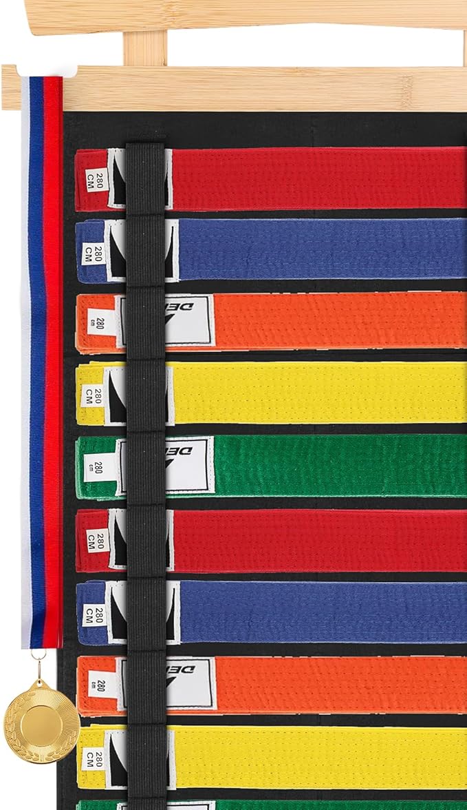 JUXYES Wall Hanging Martial Arts Belts Organizer with Trophy and Medal Display Rack, Bamboo Karate Belt Display Holder Rack, Wall Mounted Taekwondo Belt Display Holder for Martial Arts Learners