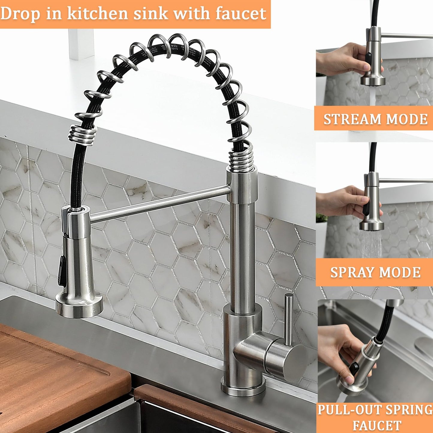 WMXQX Drop In Kitchen Sink, 33x22 Kitchen Sink with Faucet Stainless Steel Top Mount Workstation Overmount Handmade Single Bowl Deep Sink with Cutting Board&Soap Dispenser