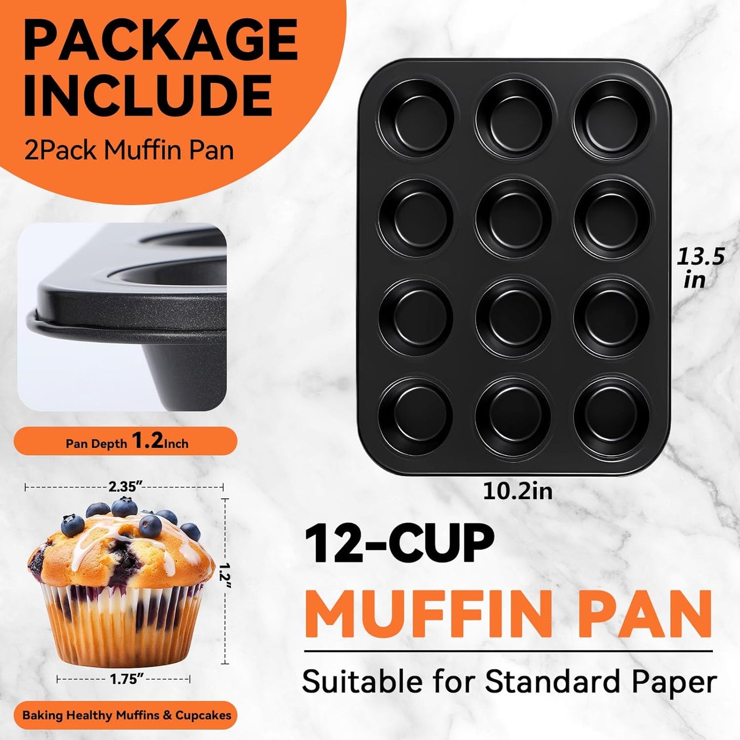Yoehka Nonstick Muffin Pan Set - 2 Pack Standard 12-Cup Baking Tin for Perfect Cupcakes