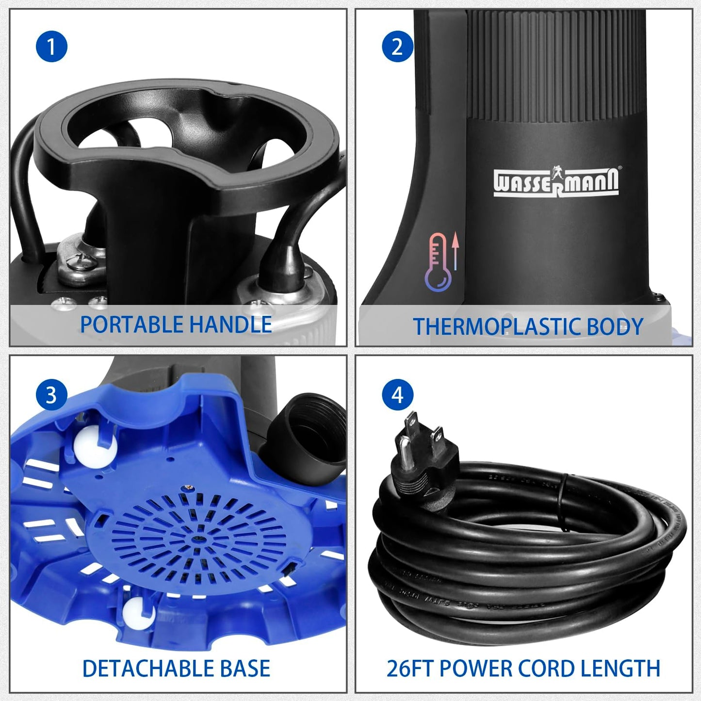 WASSERMANN Automatic Pool Cover Pump, 1/3 HP 4200GPH Submersible Pump Auto On/Off with Check Valve and 26FT Long Power Cord 115V Water Removal for Above Ground Pools, Hot Tubs, Spas