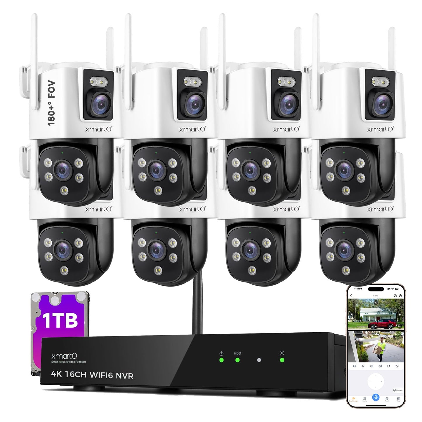 XMARTO [8 Dual-Lens Camera Bundle] 16-View Long Range WiFi6 Mesh Security System, 16CH 4K Dual Band NVR, 4MP 180°+Static FOV & 360°PTZ AI Tracking, 24/7 Plug-in Surveillance, 1TB HDD, No Monthly Fee