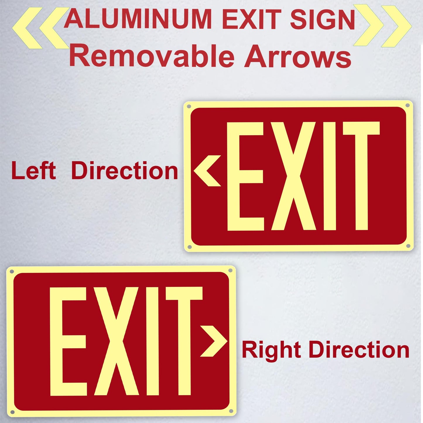 2Pack Photoluminescent Exit Sign Aluminum - 14x10 Inches Glow In Dark Exit Sign with Adhesive Backing - Removable Arrows Included - Non Electrical Red Exit Light For 50 Feet Visibility