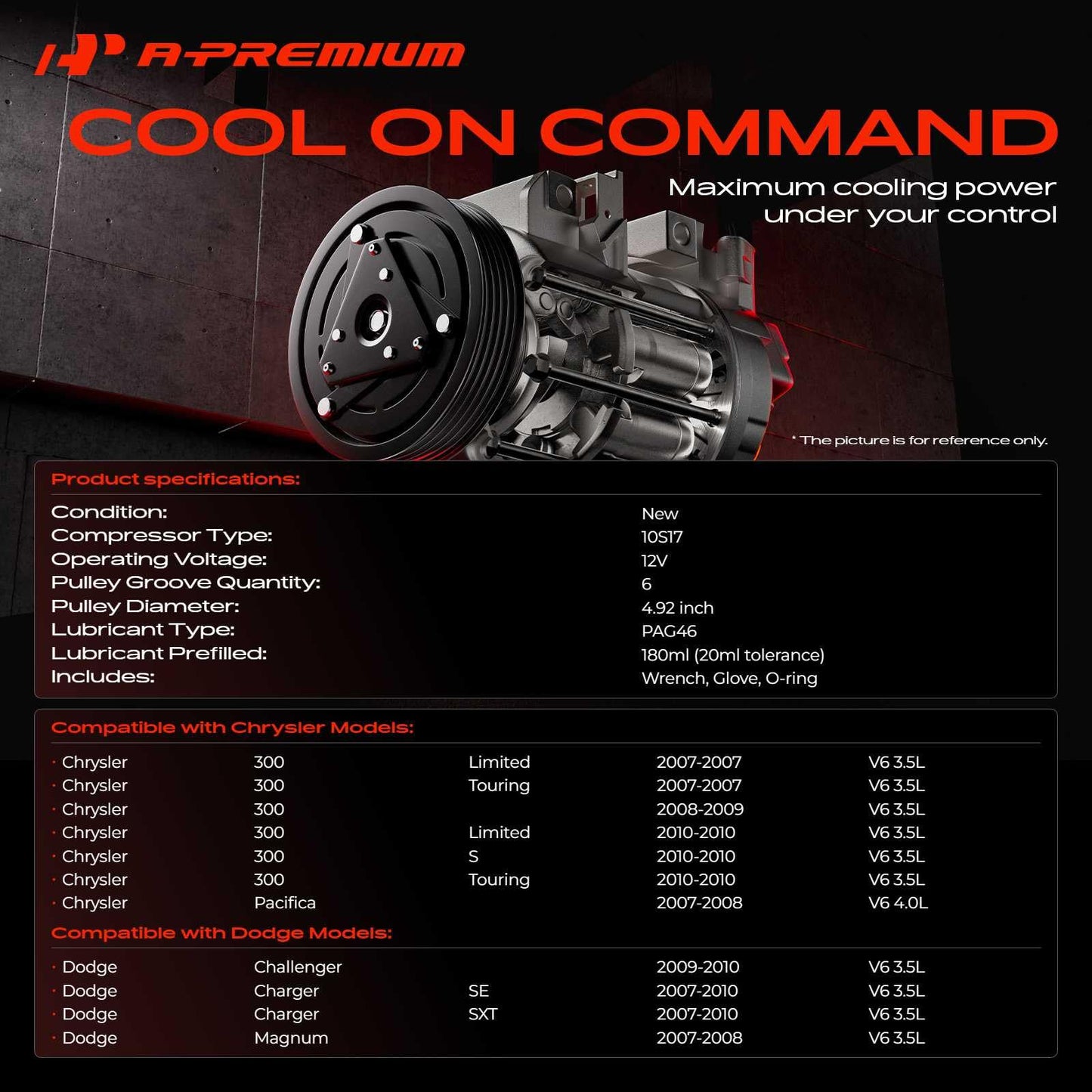 A-Premium A/C Compressor with Clutch Compatible with Chrysler 300 2007-2010, Dodge Charger Challenger 2009-2010, Magnum 2007-2008, 3.5L 4.0L
