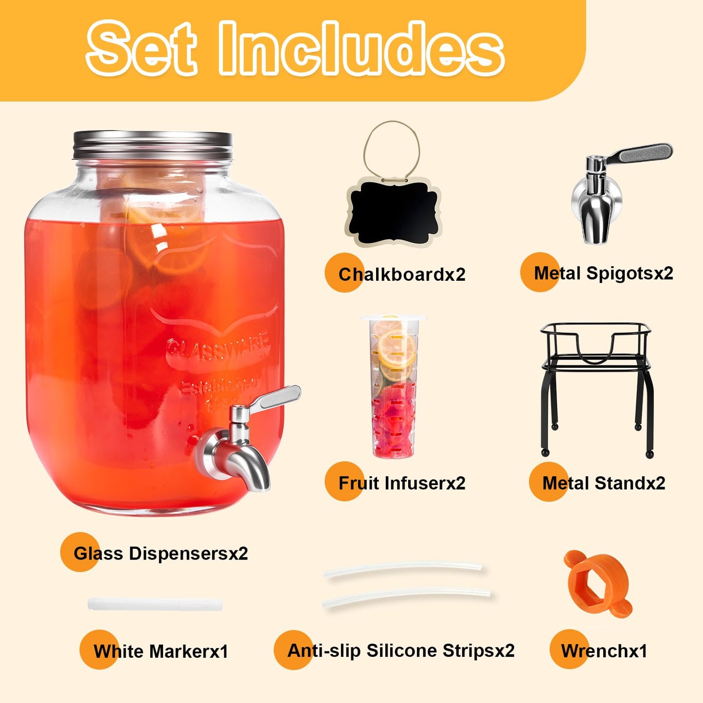 RuileMei 2 Pack1 Gallon Glass Drink Dispensers For Parties,Beverage Dispenser with Stand,304 Stainless Steel Spigot Leakproof,Lemonade Dispenser for Sun Tea, Homemade Juice