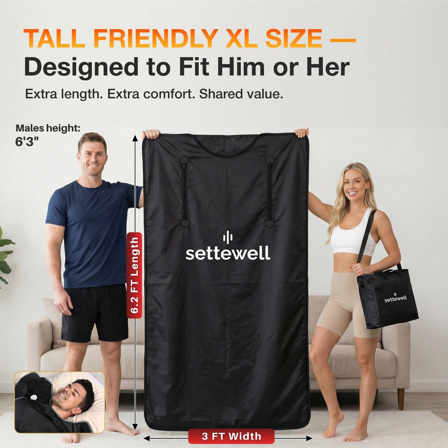 SetteWell Infrared Sauna Blanket | XL Size Fits 6'5" | Low EMF Sauna Blanket for At-Home Muscle Recovery & Tension Release | Far Infrared Heat, Easy-Clean Waterproof Design, Fast Heating Temp 77–176°F