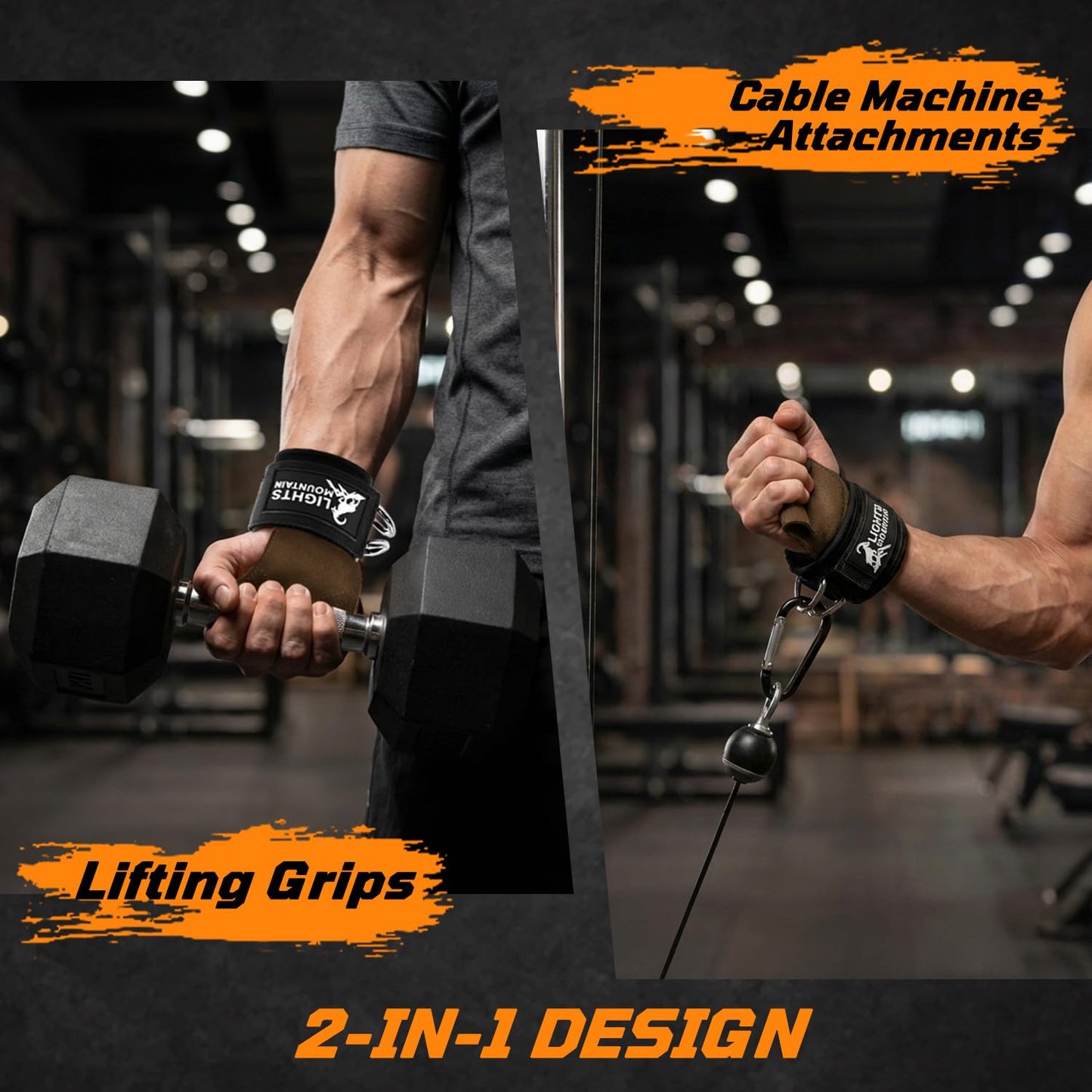 Lights Mountain Heavy Duty Weight Lifting Straps with Dual D-Rings, Leather Palm Grip, Neoprene Wrist Support for Deadlifts, Rows, Cable Machines & Free Weights