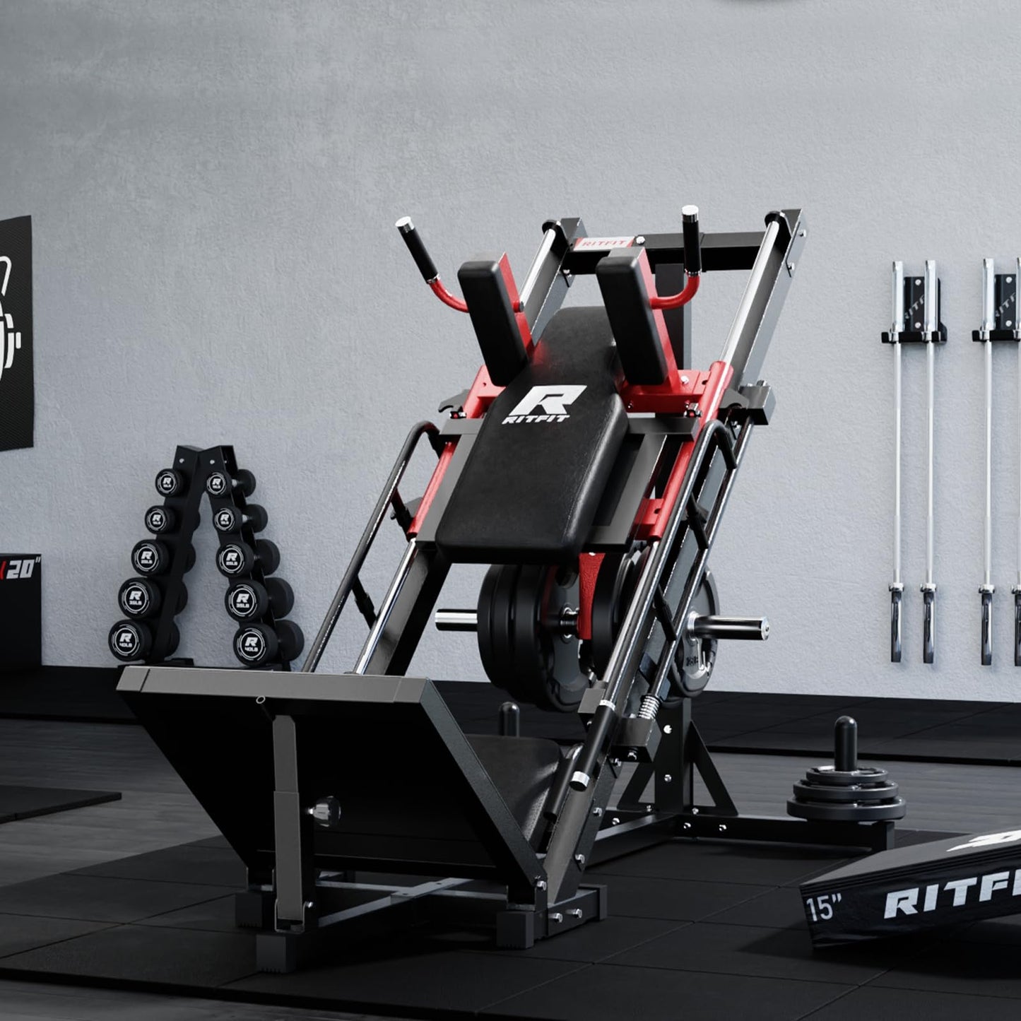RitFit Leg Press Hack Squat Machine, Professional Adjustable Leg Press Machine for Home Gym with Linear Bearing, Full Lower Body Workout with Weight Storage (Red)