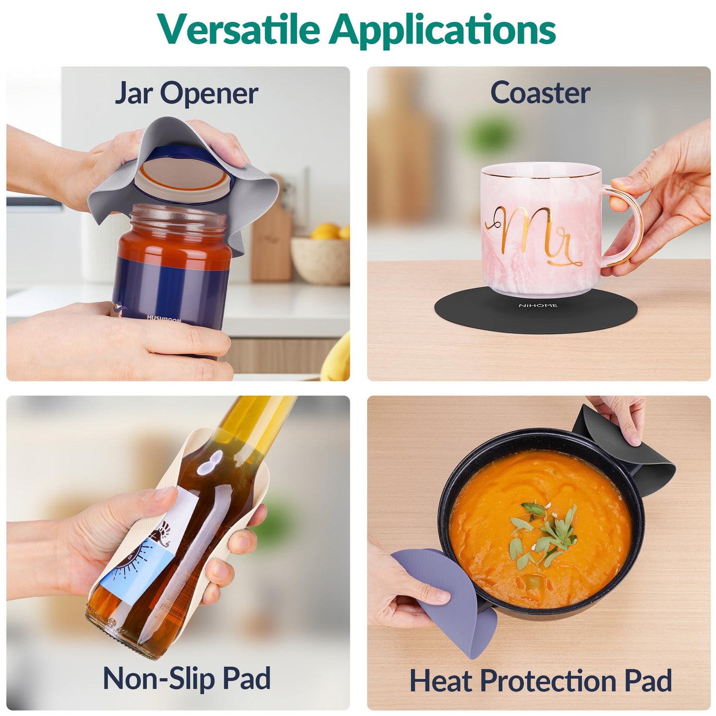 NIHOME Silicone Jar Opener – 6 Inch Large Anti-Slip Grip Pads, Premium 100% Food-Grade Silicone, Stylish Designer Colors, Multi-Purpose Heat-Resistant Mat & Coaster, Set of 4
