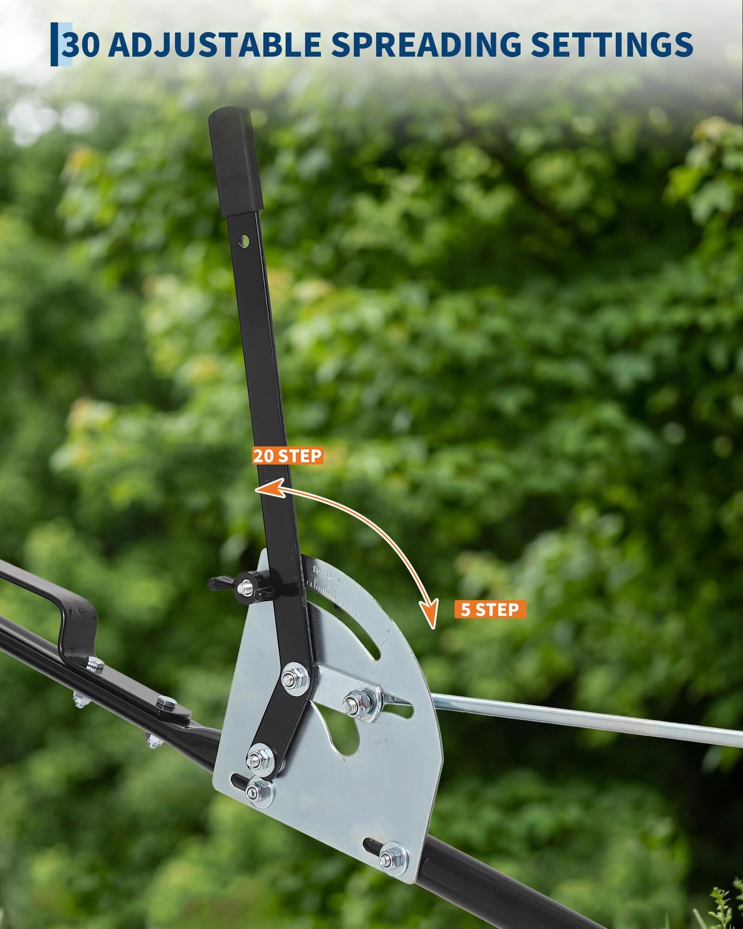 125 LBS Heavy Duty Tow Behind Broadcast Spreader, Adjustable Flow with 30 Settings, 9.8ft Spreading Width, Universal Hook for UTV/ATV/Tractor, Padded Control & Tool Pouch, Compatible with Fertilizer/G